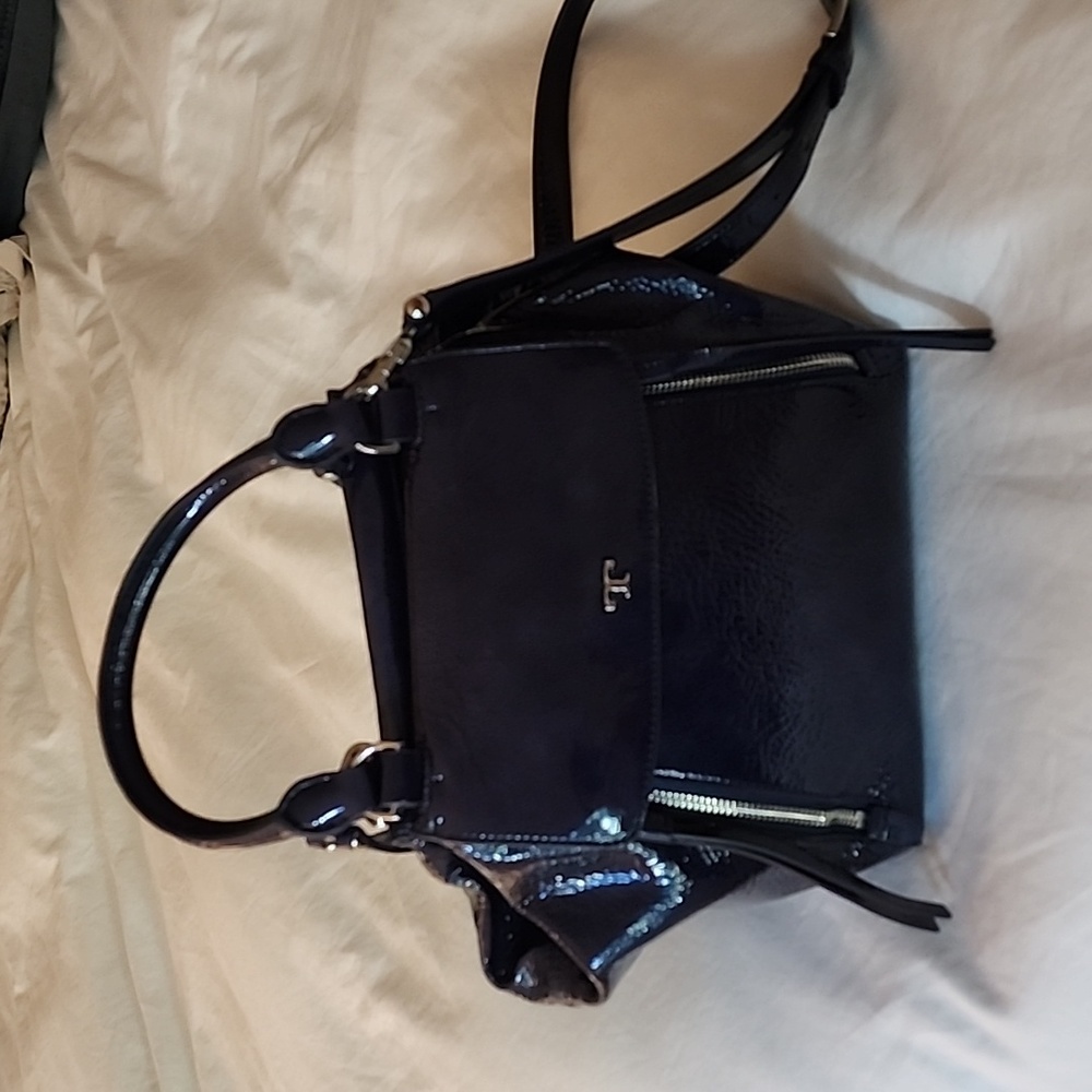 Blue Tory Burch patent leather bucket bag